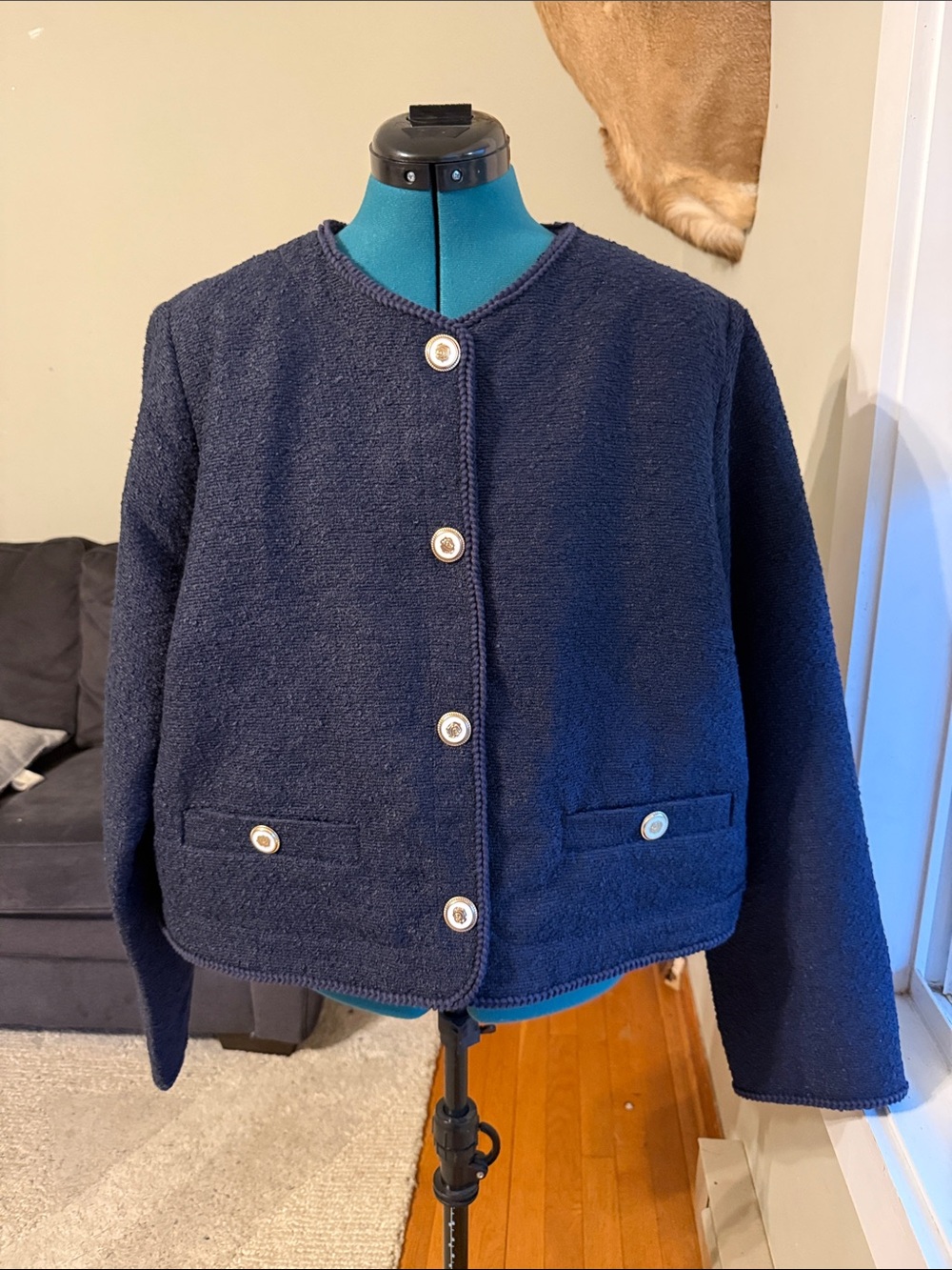 Classic Navy Textured Button-Front Jacket